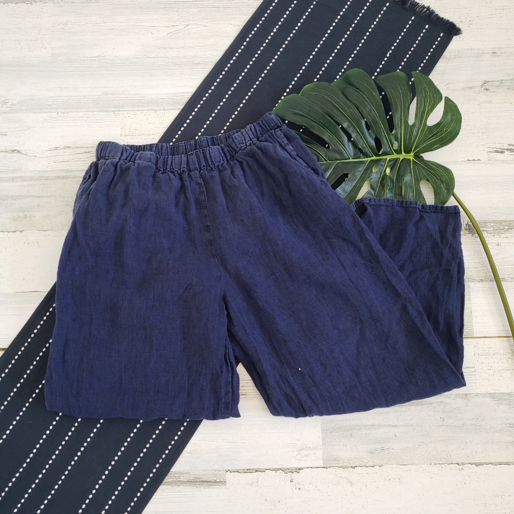 Flax| Linen Elastic Waistband Pants Navy Blue Small